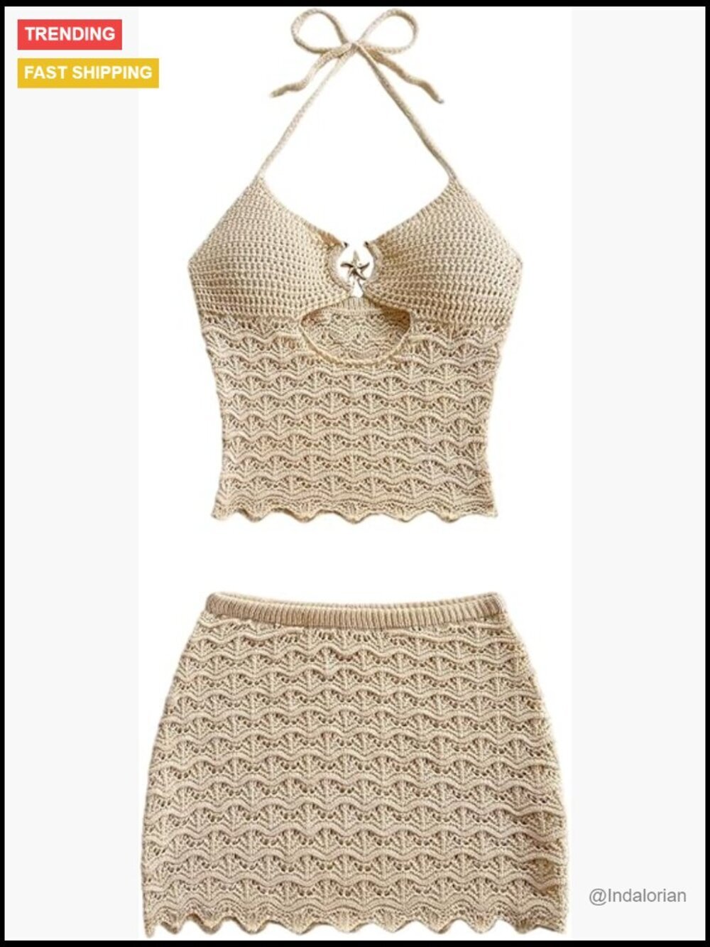 Crochet Cut Out Halter Crop Top and Mini Skirt Set